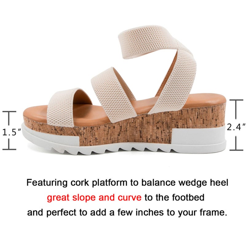 Athlefit Women's Casual Cork Platform Wedge Sandals Open Toe Elastic Ankle Strap Flatform Sandals for Summer, Beige, Size 11, AD00102 - Image 4